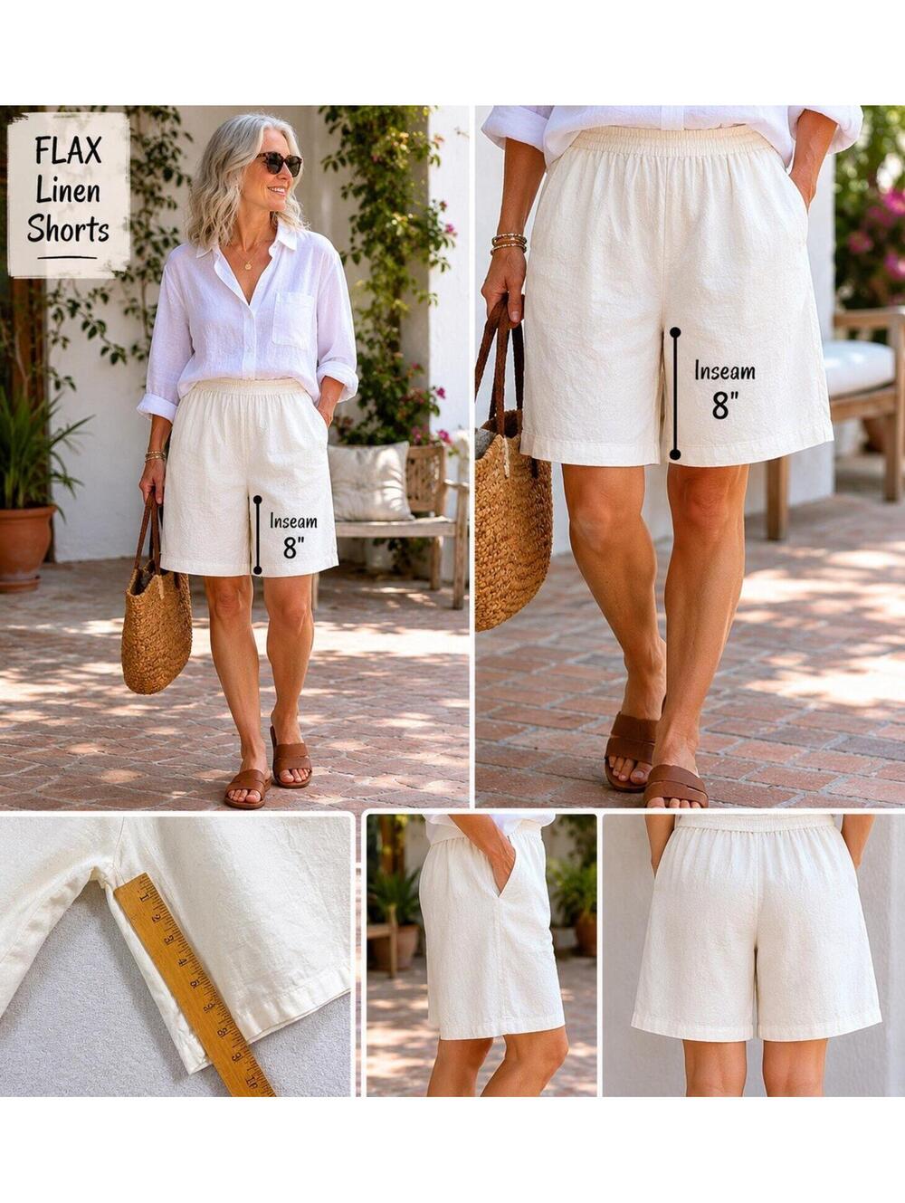 FLAX Linen Pull On Shorts Medium Ivory Wide Leg Pockets Lagenlook Coastal